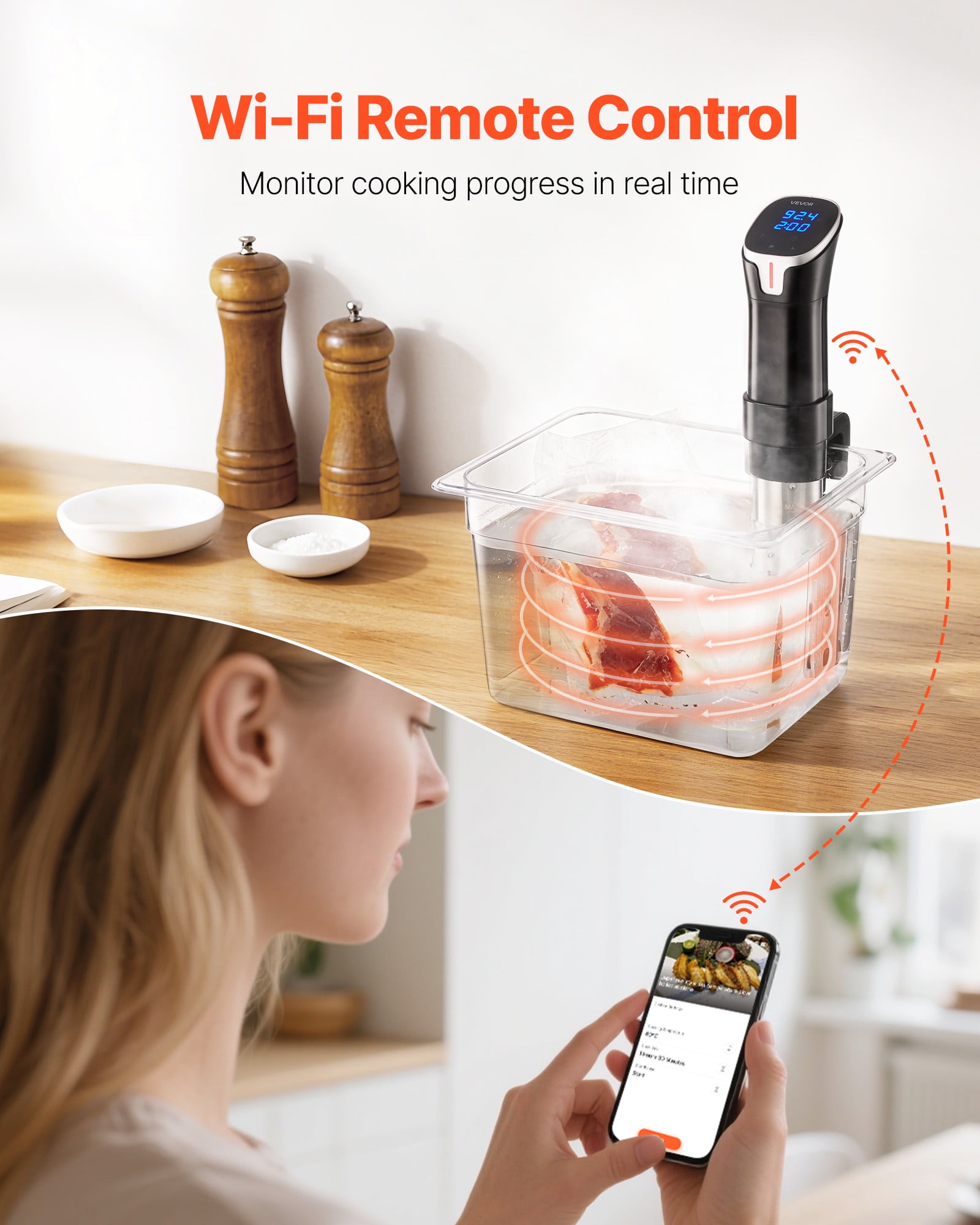 VEVOR Sous Vide Precision Cooker, 1100W Sous-Vide Cooking Machine, WIFI Immersion Circulator with LED Digital Display, Fast-Heating, Accurate Temperature & Timer Control, SUS304 Stainless Steel