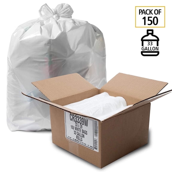 Aluf Plastics 33 Gallon Trash Bags, 33" x 39" , White (Pack of 150) - For Bathroom, Household, Office, and Lightweight Garbage - Coreless Rolls