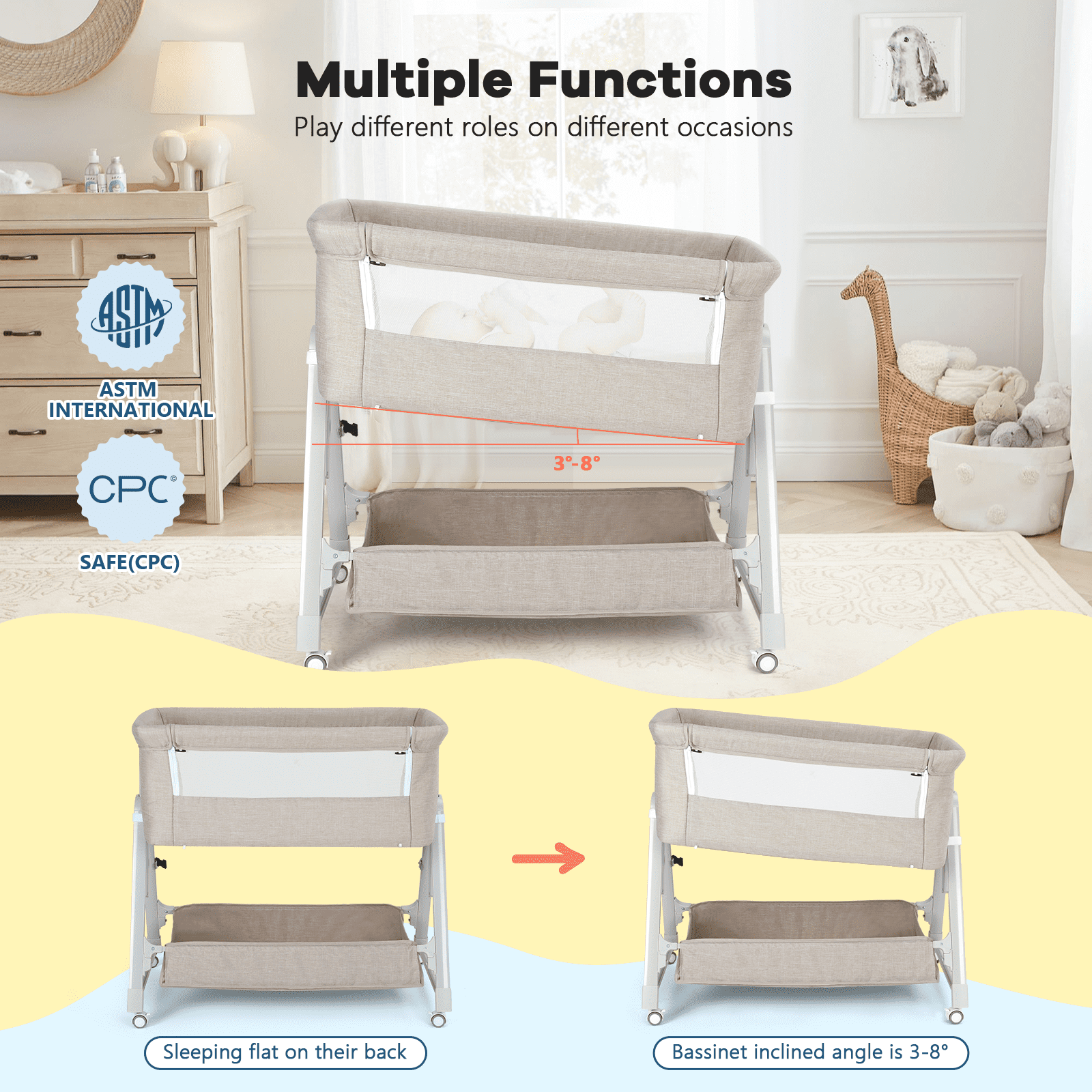 Cowiewie Baby Bassinet, Portable Bedside Bassinet with Wheels, Storage & Travel Bag, for 0-6 Months, Brown