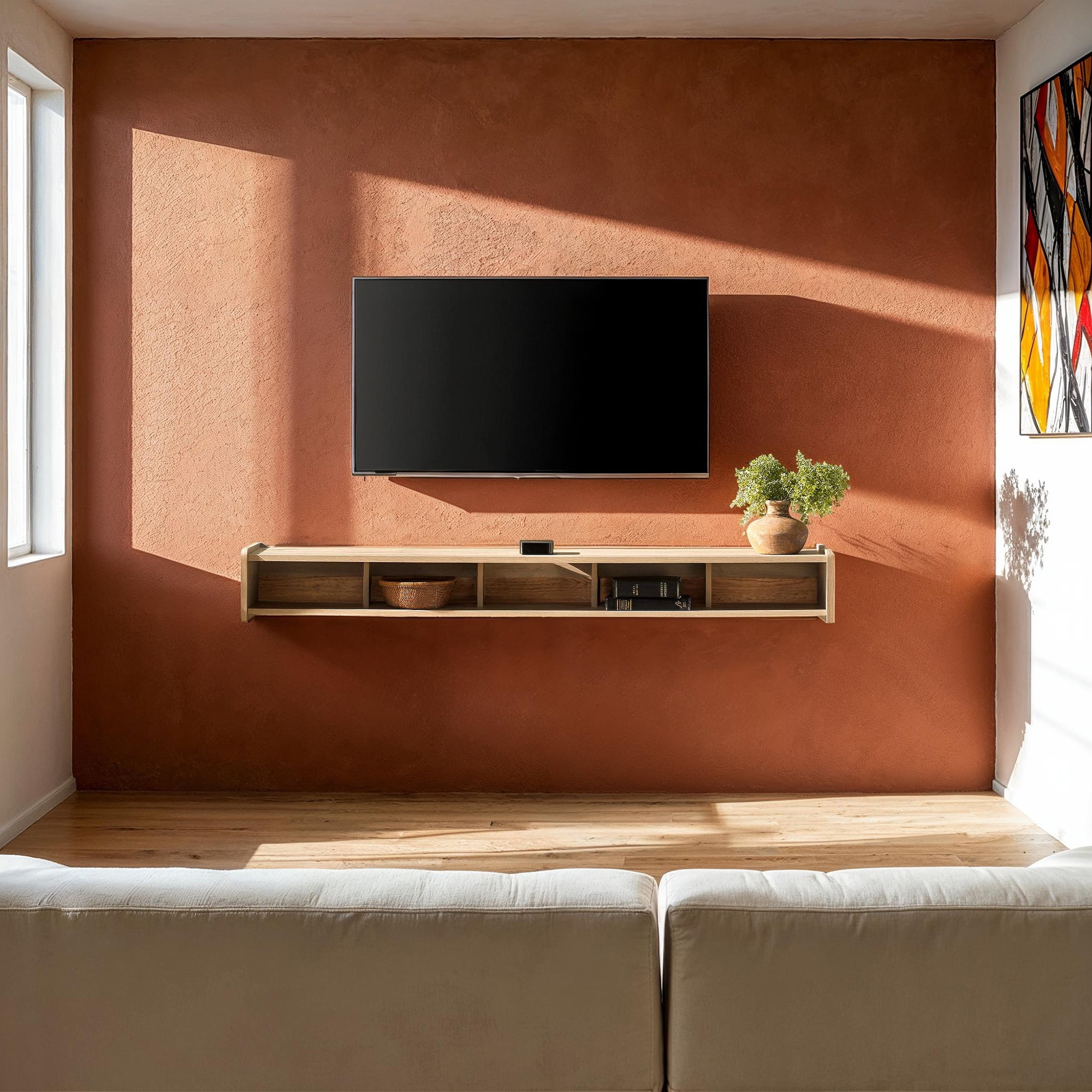 Walker Edison Minimalist Floating TV Stand for TVs up to 70", Coastal Oak
