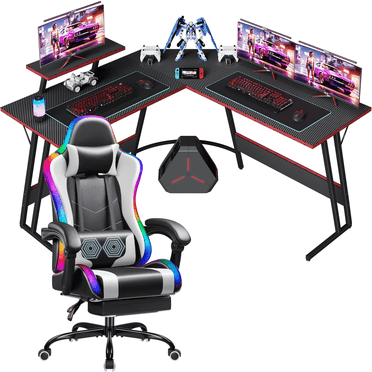 Homall L Shaped Gaming Desk and Chair Set, Carbon Fiber Desktop Corner Computer Desk RGB Massage Ergonomic Racing Chair E-Sports LED Lights RGB Gaming Chair with Footrest, Red