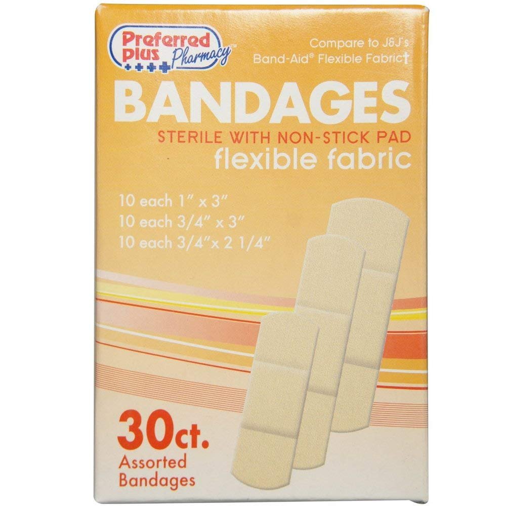 Bandages Flexible Fabric Sterile with NonStick Pads, Assorted 30 ea
