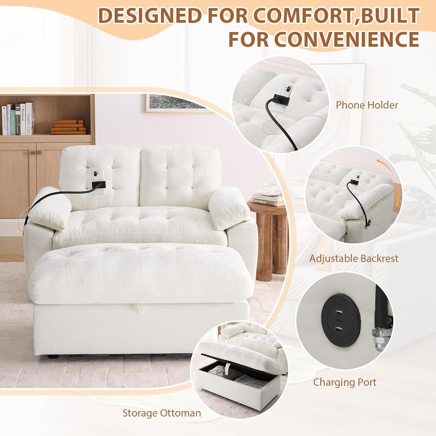 MOONMISS Oversized Chaise Lounge Chair Indoor with Ottoman&Adjustable Backrest,Chenille Tufted Recliner Sofa Chair with USB&Phone Holder,Convertible Sleeper Couch Bed for Living Room,Beige