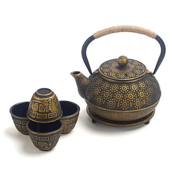 6 Piece Set Gold Japanese Cast Iron Teapot(30 oz /900 ml) with 4 Tea Cups (2 oz each), Leaf Tea Infuser and Trivet