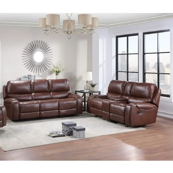 Brown Faux Leather Manual Reclining 2Pc Sofa Set w/ USB Ports, 2 PowerOutlet, Storage Console, Modern Living Room Set