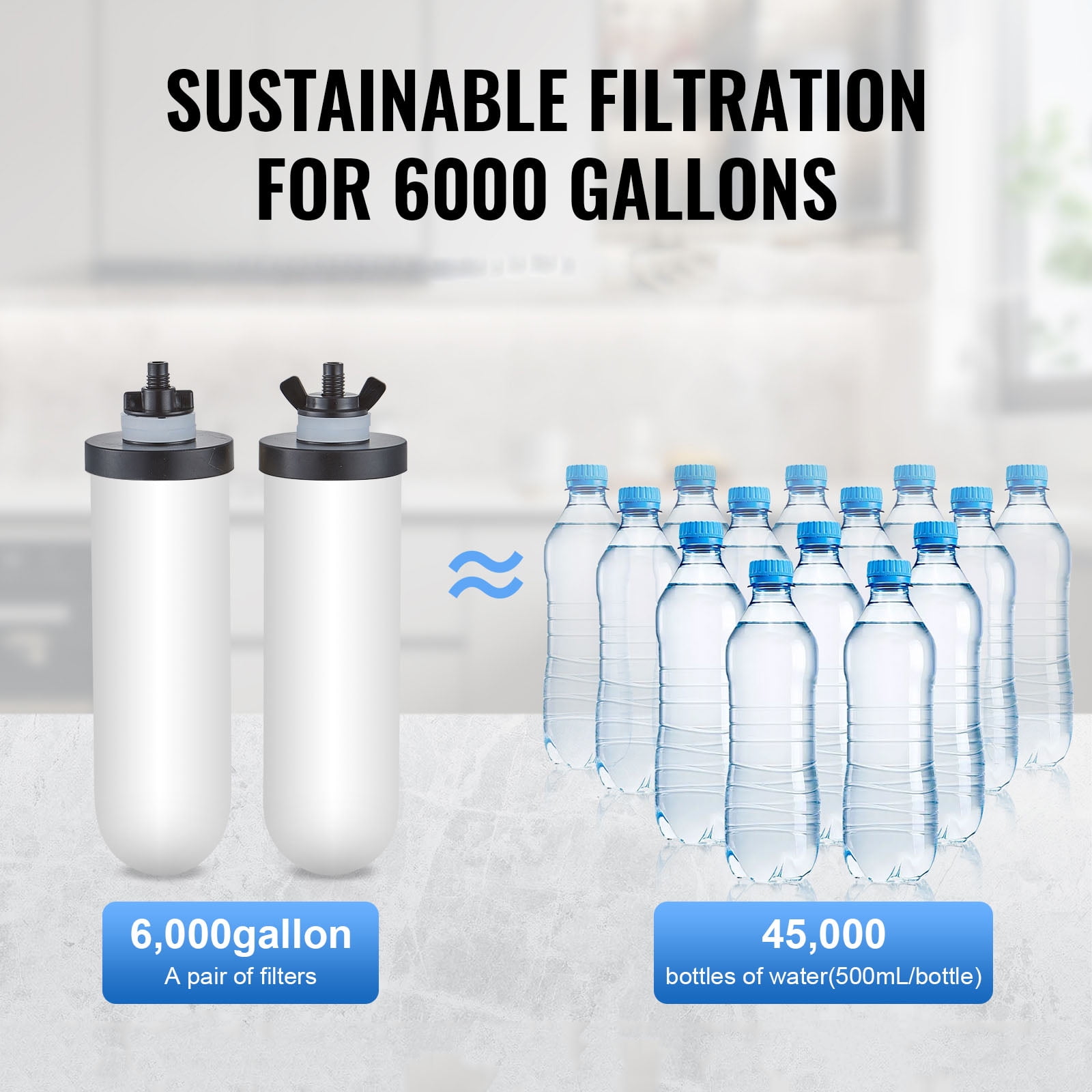 KFFKFF Water Purification Unit, Gravity-Driven, 2.25G 304 Stainless-Steel Tabletop Water Cleaner, Diminishes Lead and up to 99% of Chlorine, Includes 2 Ceramic Carbon Filters, Water Level Spigot
