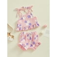 thumbnail image 3 of Suealasg Infant Girl Summer Outfits 2Pcs Baby Girl Beach Clothes Set Newborn Sleeveless Flower Print Tie-Up Cami Tops Elastic Waist Shorts Set 0-18 Months, 3 of 9