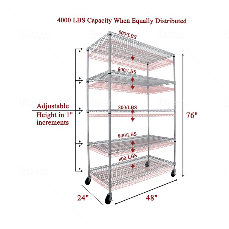 Chrome 5-Tier Rolling Heavy Duty Metal Wire Storage Shelving Unit Cast