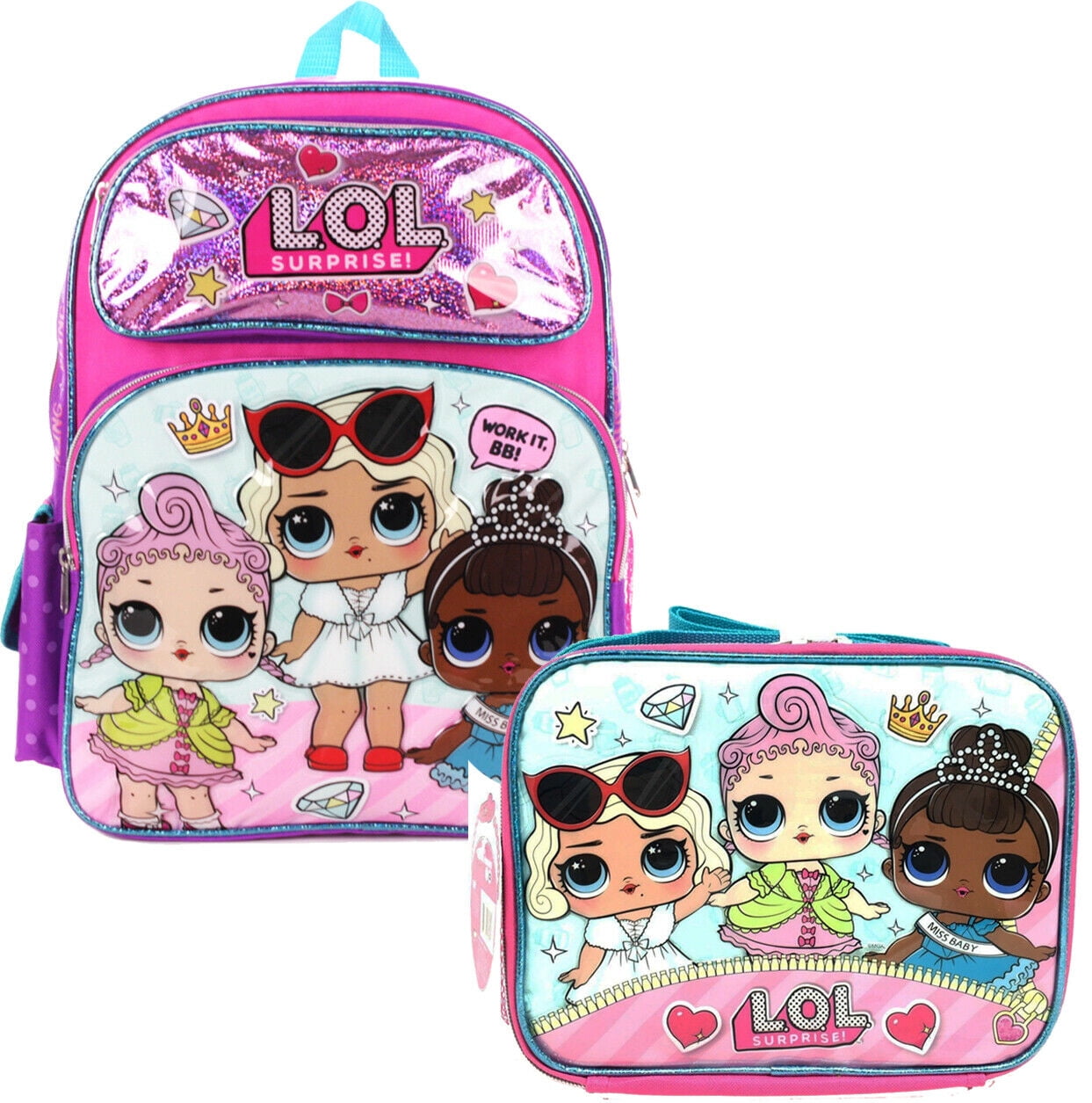 Large School Backpack 16/" Girls Bag Pink LOL Bag w// Lunch bag L.O.L Surprise