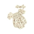 thumbnail image 2 of Musuos Baby Girl Summer Outfit, 3 6 9 12 18Months Square Neck Lace Trim Puff Sleeve Flower Print Romper + Bow Headband 2 Piece Set, 2 of 9