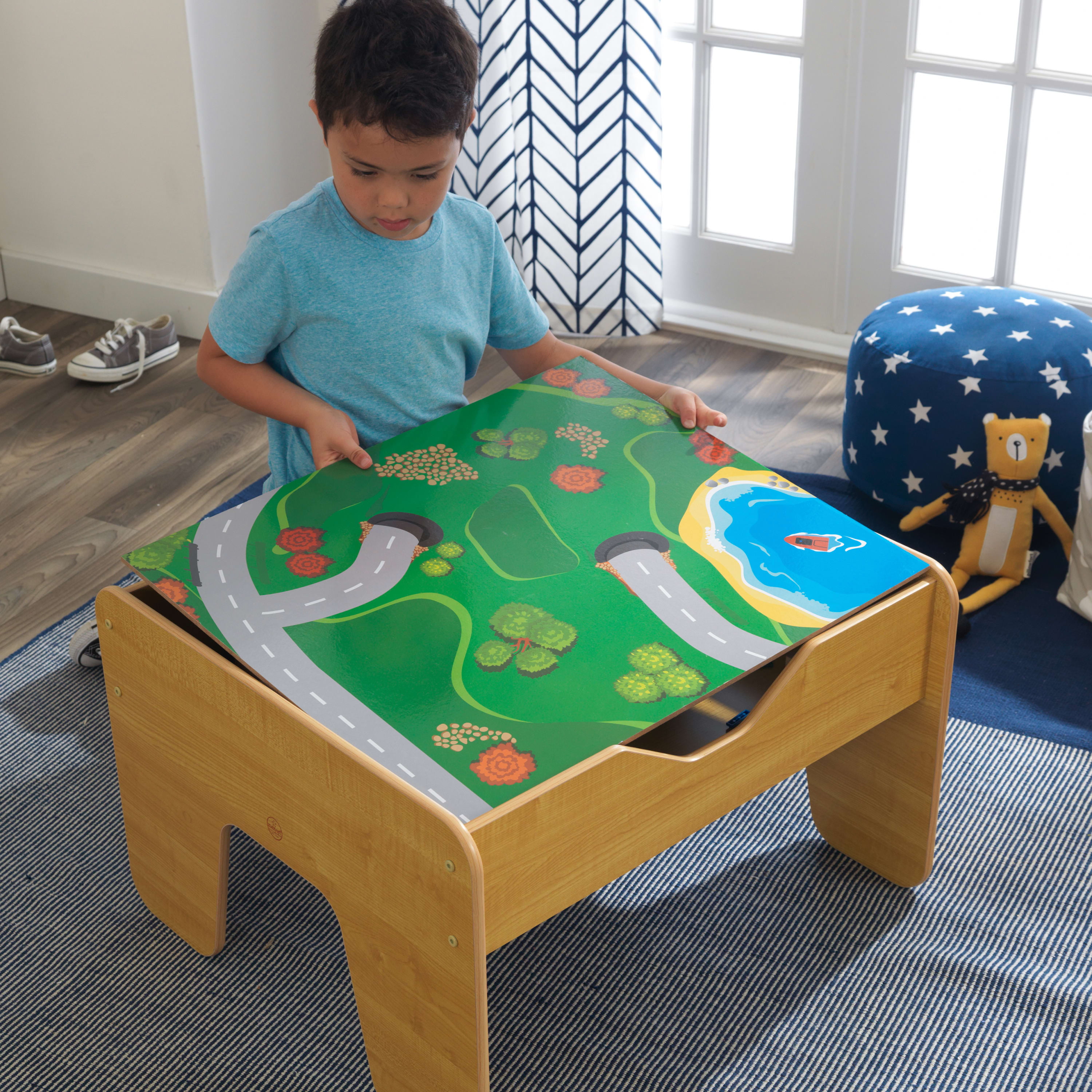 KidKraft Reversible Wooden Activity Table with Board and Train Set, Natural, for Ages 3+ Years - image 4 of 11