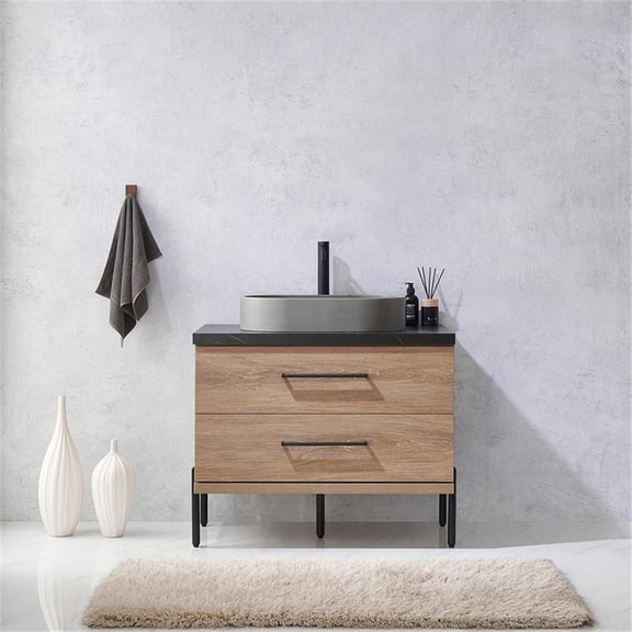 Trento 36" Black Sintered Stone Top Concrete Sink North American Oak Bath Vanity