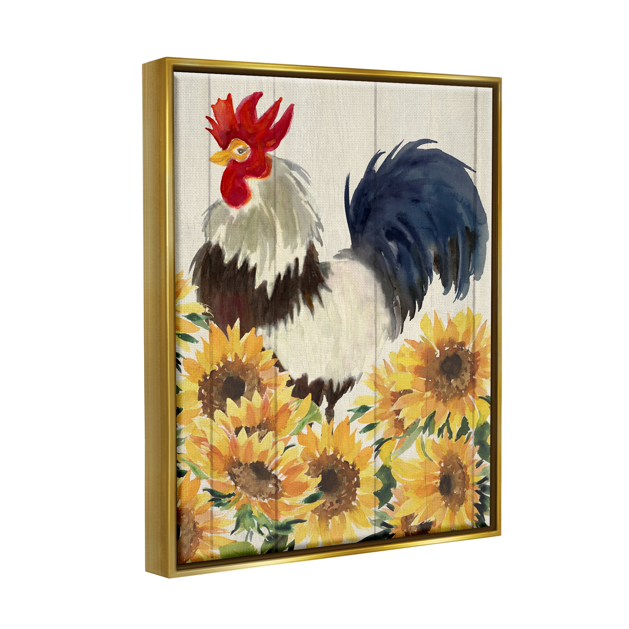 Stupell Industries Country Rooster & Sunflowers Animals & Insects Painting Gold Floater Framed Art Print Wall Art, 17 x 21