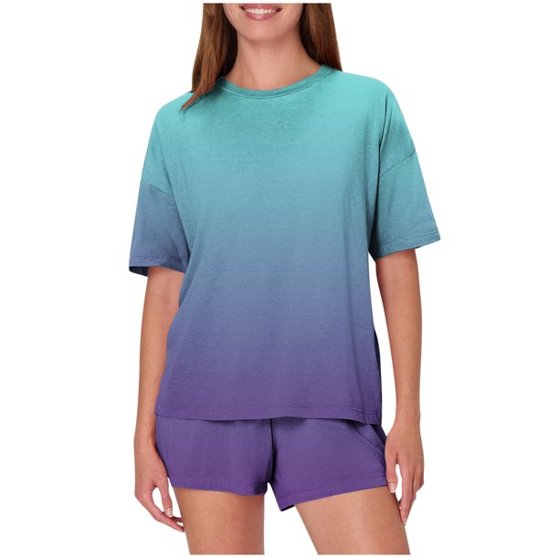 Pijama informal holgado con estampado de cuello redondo y manga corta para mujer, de poliéster
