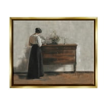 Stupell Industries Classic Woman Reading Literature & Film Painting Gold Floater Framed Art Print Wall Art, 21 x 17