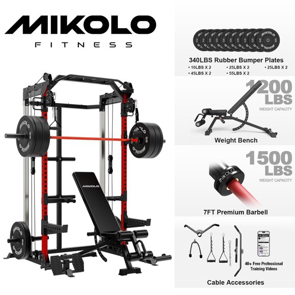 Mikolo Power Cage, Squat Rack with Dual Pulley Cable Crossover System, Multifunction Free Weight Home Gym Workout Machine with 340LB Plate Set Red