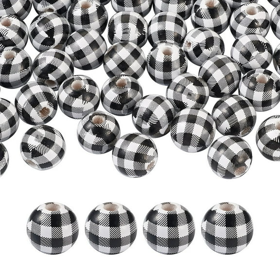 50 pc Natural Wooden Beads Plaid Beads Tartan Pattern Round Black 5/8 inch(16mm) Hole: 4mm