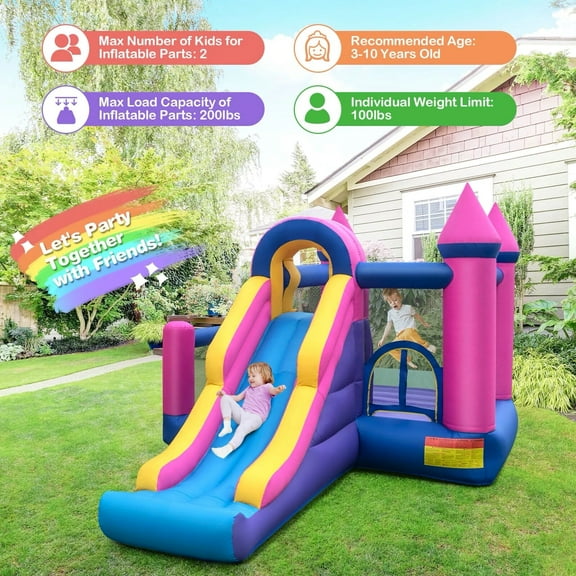 Auranook Kids Inflatable Bounce Castle 7-in-1 Jumping House w/ Long Slide & 735W Blower