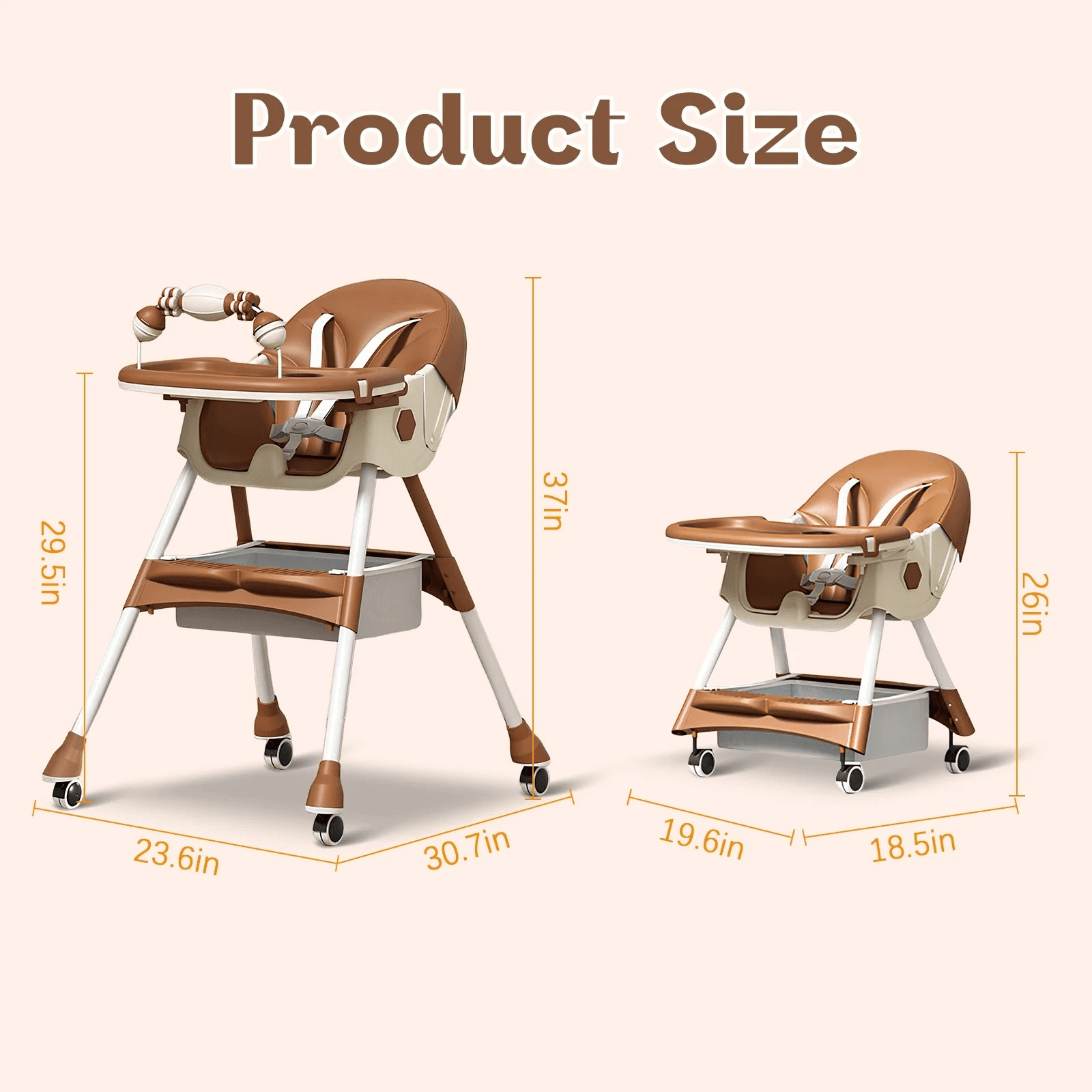 JieC 3 in 1 Baby High Chair, Foldable Baby Feeding Chair, For Infants and Toddlers 0-24 Months,Brown