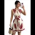 thumbnail image 2 of Vestido Midi de Verano 2025 para Mujer, con Estampado Floral Bohemio, Sin Mangas, con Cinturón, Holgado, con Botones y Aberturas Laterales. Rojo S, 2 of 9