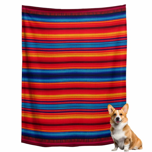 Throw Blanket for Couch, Red Blue Mexican Stripe Soft Fleece Blanket 40x50in, Cozy Warm Flannel Throw Blankets All Season Use, Native American Geometric Line Lightweight Blankets for Sofa Bed