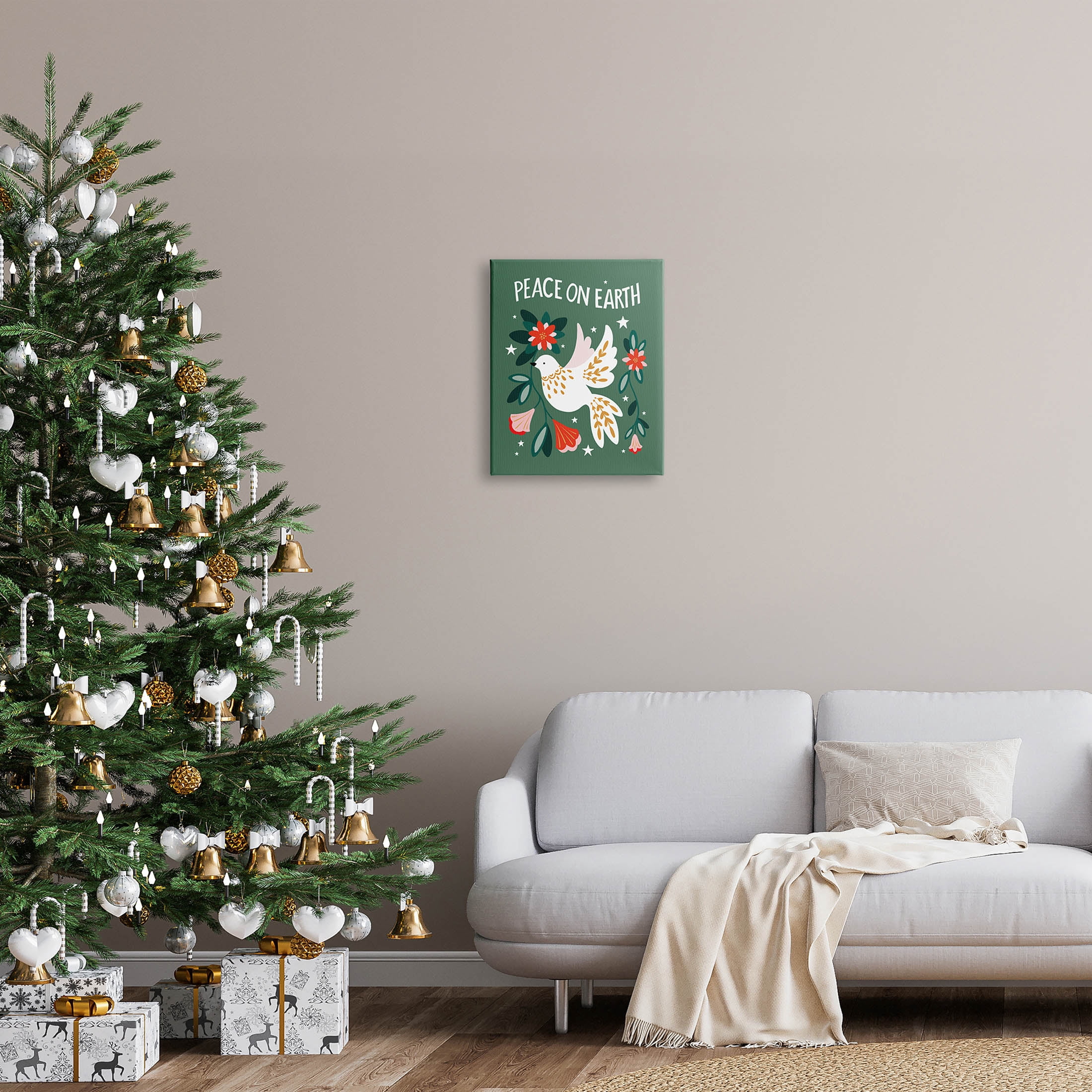 Peace On Earth Floral Dove Blossoms Holiday Graphic Art Gallery Wrapped Canvas Print Wall Art