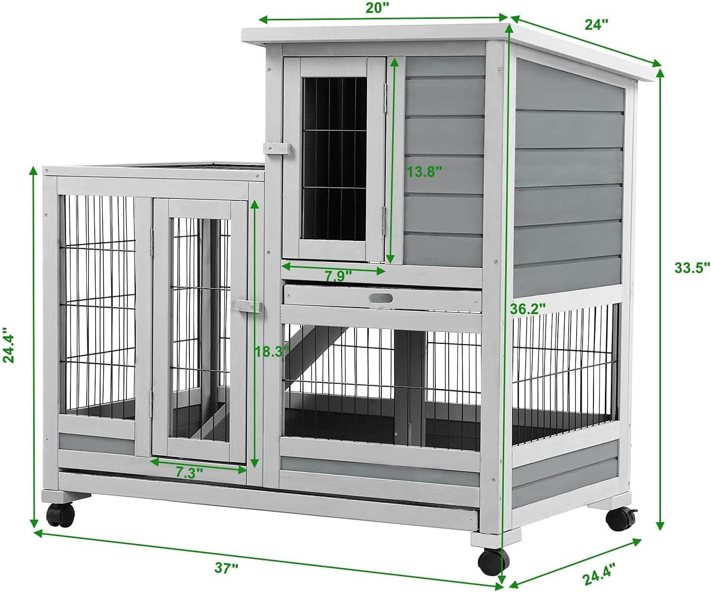 Esright Rabbit Hutch Pet House for Small Animals 37 inches Guinea Pig Cages with Run Bunny House Indoor Rabbit Cage with 4 Casters Removable No Leak Trays & Ladder