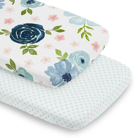 Sweet Jojo Designs Watercolor Floral Blue Pink and Green Baby Bassinet Fitted Sheets 2 Piece Set