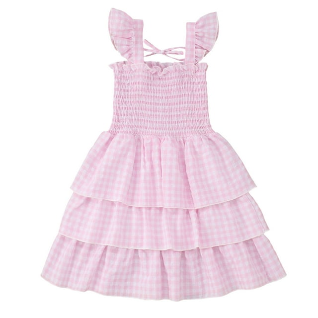 MIASHUI Robe de Fête d'Été à Imprimé Floral avec Corsage Smocké pour Tout-Petites et Bébés Filles Rouge, 5-6 Ans