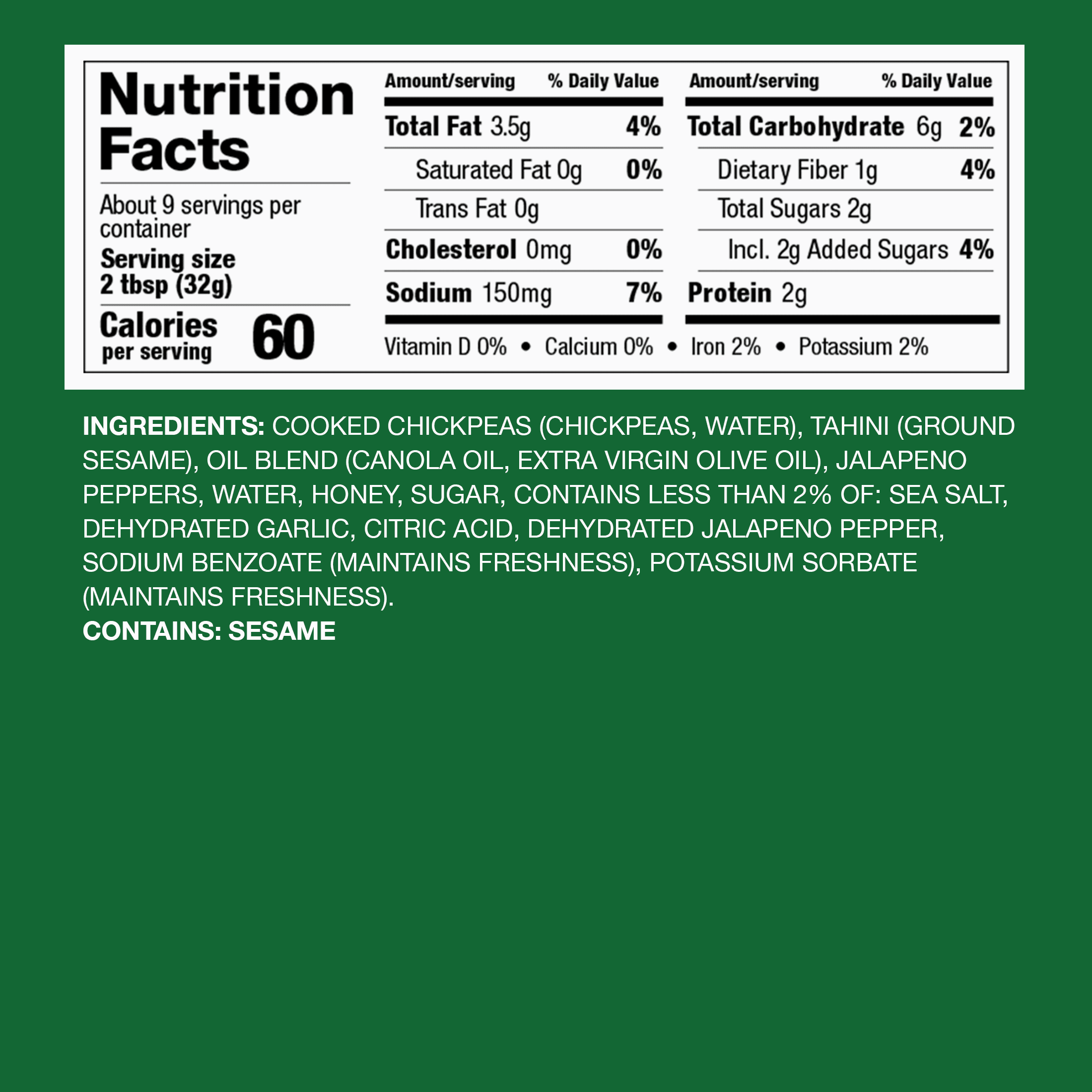 Fresh Cravings Honey Jalapeno Hummus,10 oz. Plastic Tub, Gluten-Free, Dairy-Free, 2 Tbsp (32g), Contains Sesame
