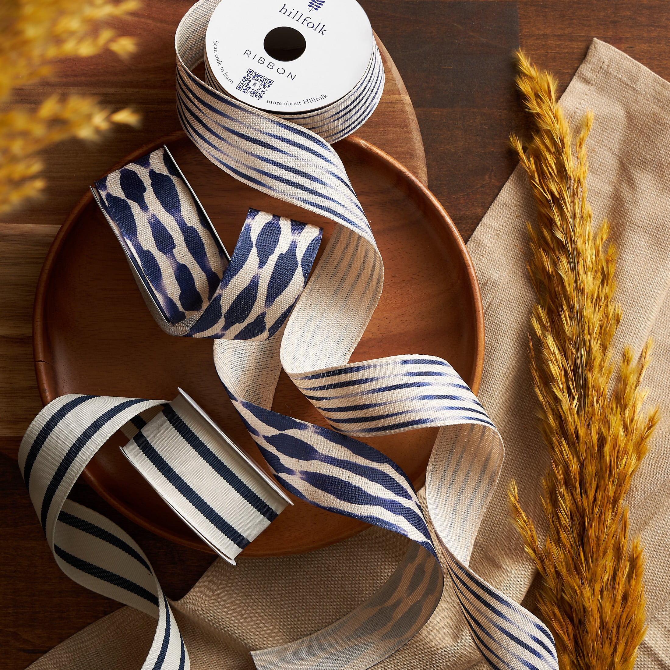 Hillfolk 9ft Ribbon, 1.5 inches Blue/Cream Stripes for Crafting and Gifting