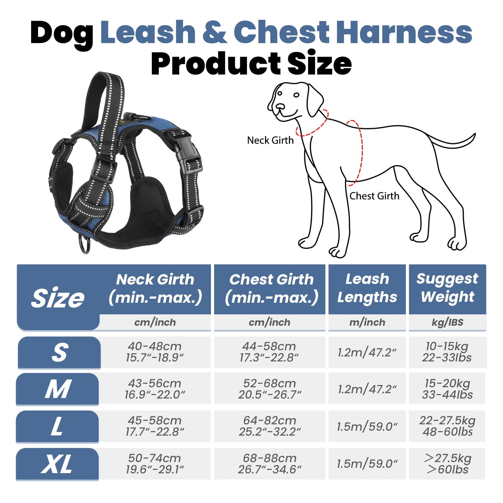 MASBRILL Dog Harness and Leash Set, No Pull Vest Harness, Reflective Adjustable Soft Padded Pet Harness with Handle for Small to Large Dogs
