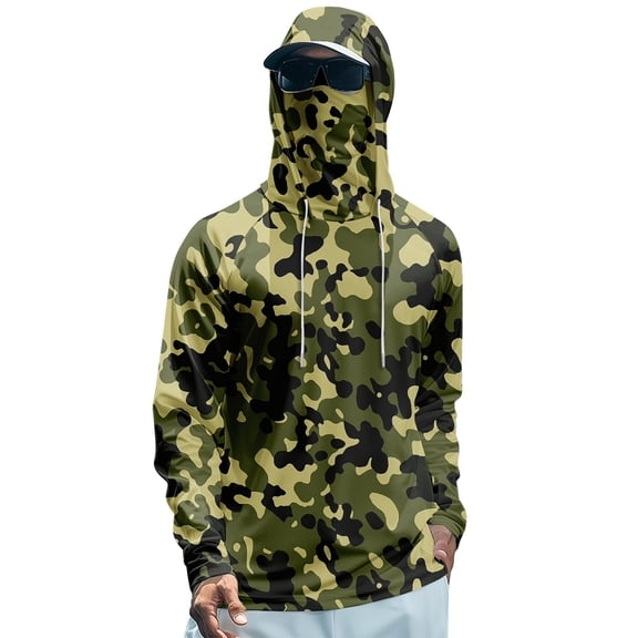 Mlqidk Men's Lightweight Fishing Shirts Cooling Spf UPF 50 Camo Hoodies Long Sleeve with Hood Shirts Quick-Dry UV Protection Shirts with Face Mask Army Green M