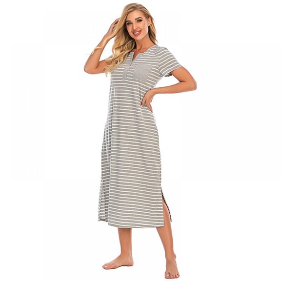 Magazine Women's Striped Sleepwear Short Sleeve Button Full Length Nightgown with Pockets S-XXL