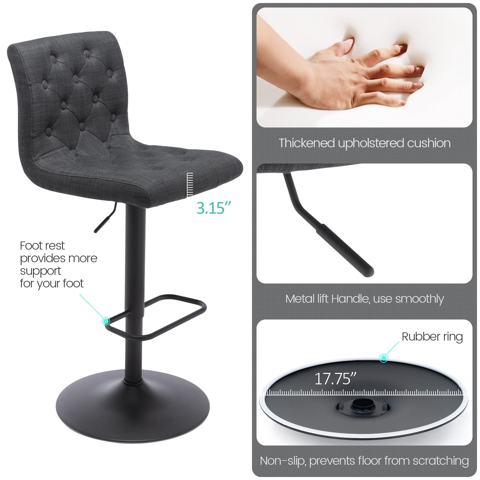 Modern Upholstered Bar Stool with Back Set of 2, Armless 360° Swivel Adjustable Height Linen Padded Bar Chair for Kitchen Island, Dining Room, or Café (Dark Gray)