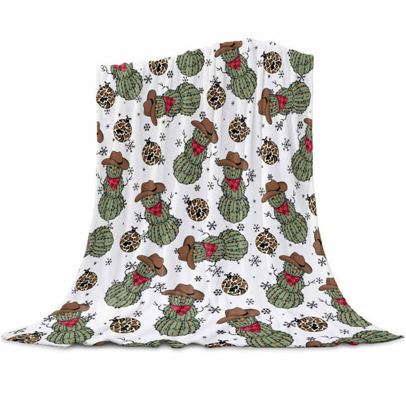 Christmas Cactus Flannel Blanket for Bed,Travel and Camping, Western Cowboy Hat Super Soft Cozy Blanket for All Seasons 50"x60"