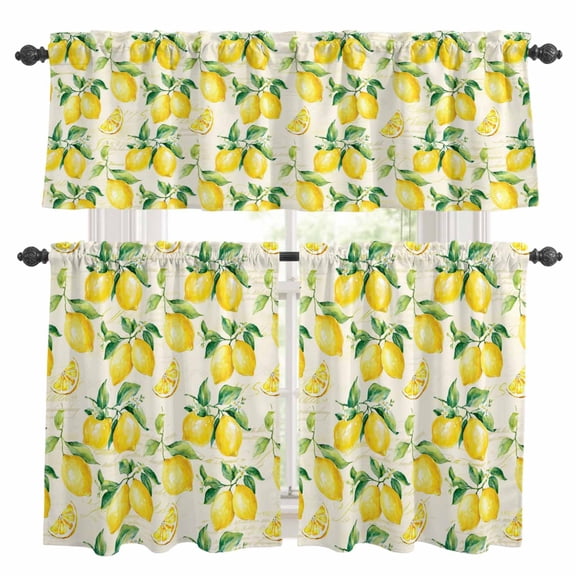 Yellow Lemon Kitchen Curtains Sets for Windows 24 Inch Length, Summer Fruit Green Retro Farmhouse Leaf Rod Pocket Window Treatments Tier Curtains and Valances Set for Bedroom/Bathroom