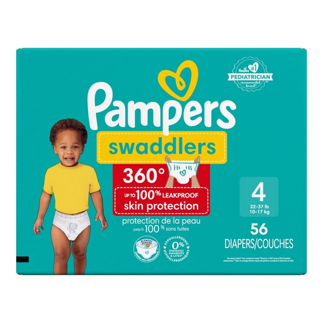 Pampers Diapers - Swaddlers 360° Size 4 package showing a toddler wearing a white pull-on diaper with printed designs, offering up to 100% leakproof skin protection and a 360° stretchy waistband, suitable for babies weighing 22-37 lbs (10-17 kg), includes 56 diapers.