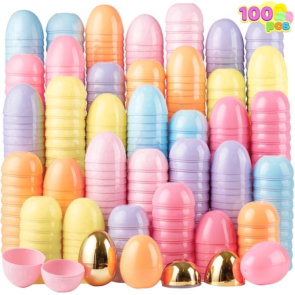 Joyfy 100 Pcs 3.15" Pastel Easter Eggs   2 Gold Eggs, Empty Easter Eggs Fillable, Colorful Plastic Eggs in Bulk for Easter Hunting