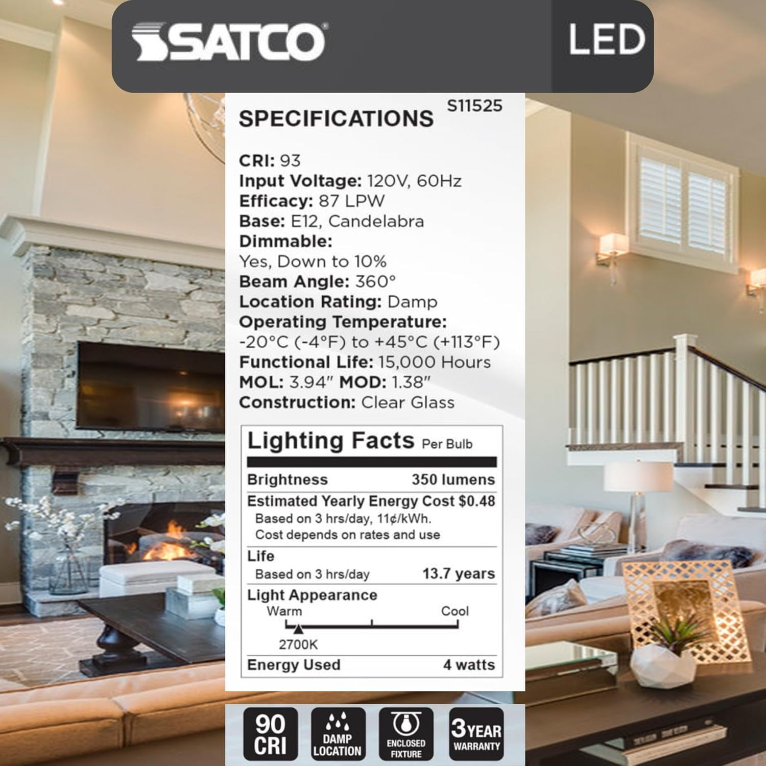 Satco S11525 B11 LED Light Bulbs 4W 120V 2700K E12 Candelabra Base Dimmable (6 Pack)