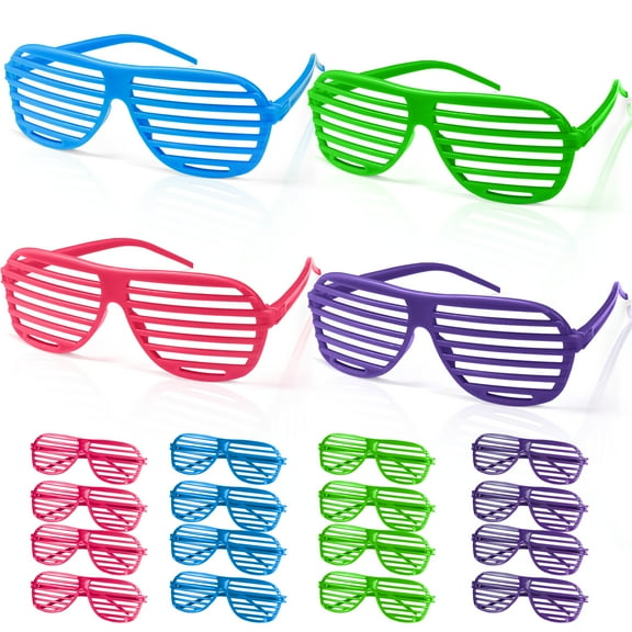 24 Pairs Shutter Glasses Shades Eyeglasses, Neon Color Slotted Sunglasses 80's Party Props - (4 Colors)