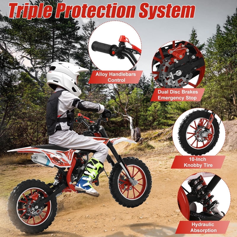 49cc High Power Kids Dirt Bike, 2-Stroke Mini Motorcycle Gas Powered Trail Bike - Mini Dirt Bikes with Hydraulic Shock Absorbers 220LBS Capacity 12-18 Miles Range 40KM/H