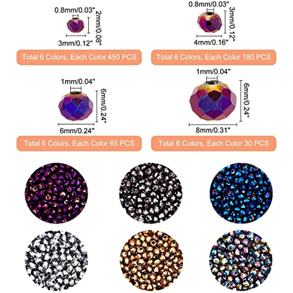 4350Pcs Electroplate Rondelle Glass Beads 6 Colors Faceted Transparent Spacer Loose Beads 4 Sizes Metallic Opaque Loose Spacer Beads