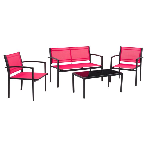 CorLiving SkyLine Steel Frame 4-Piece Patio Conversation Set with Mesh Seats - Loveseat, Chairs and Glass Top Table, Outdoor Furniture