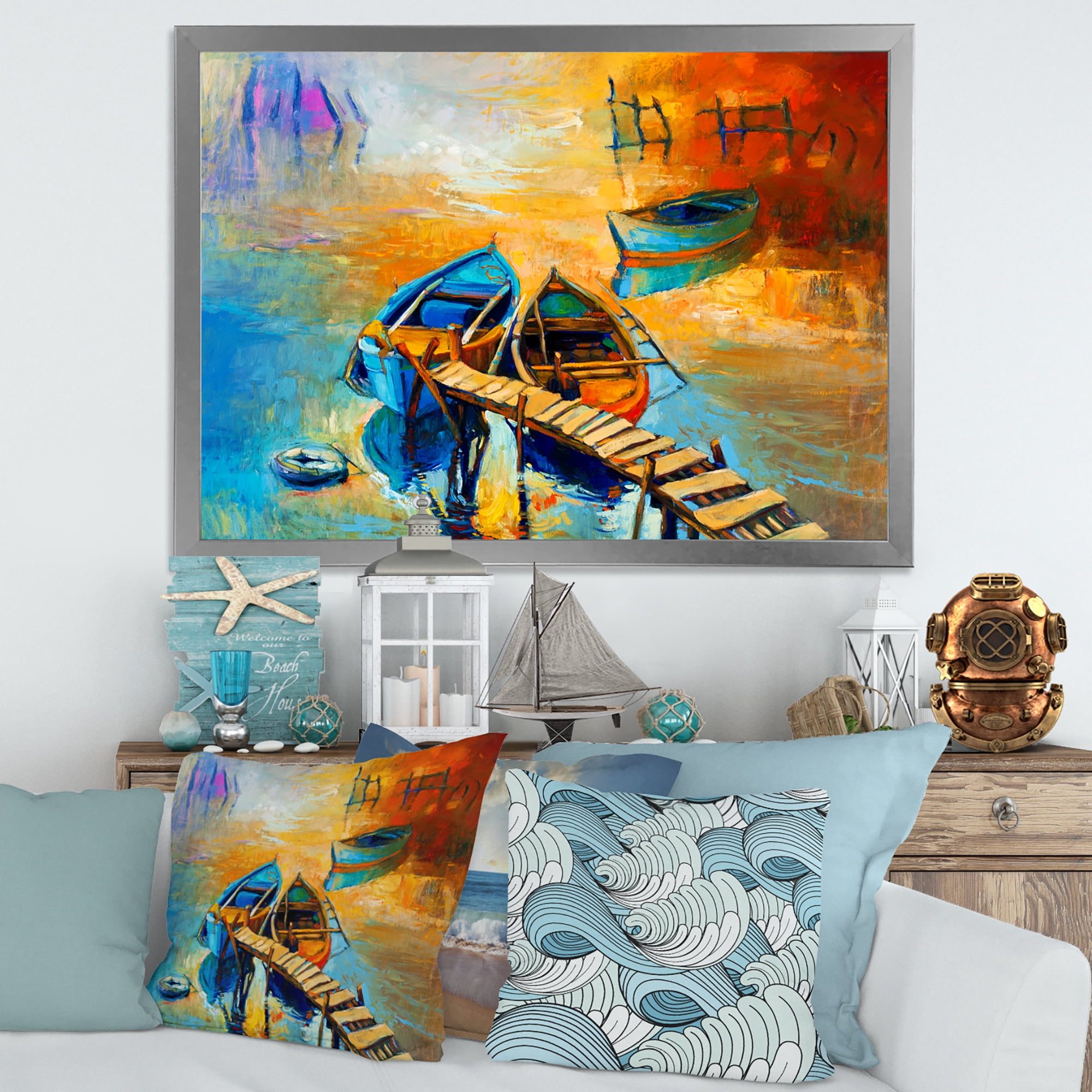 Boat At The Lake During Evening Glow V 20 in x 12 in Framed Painting Canvas Art Print, by Designart