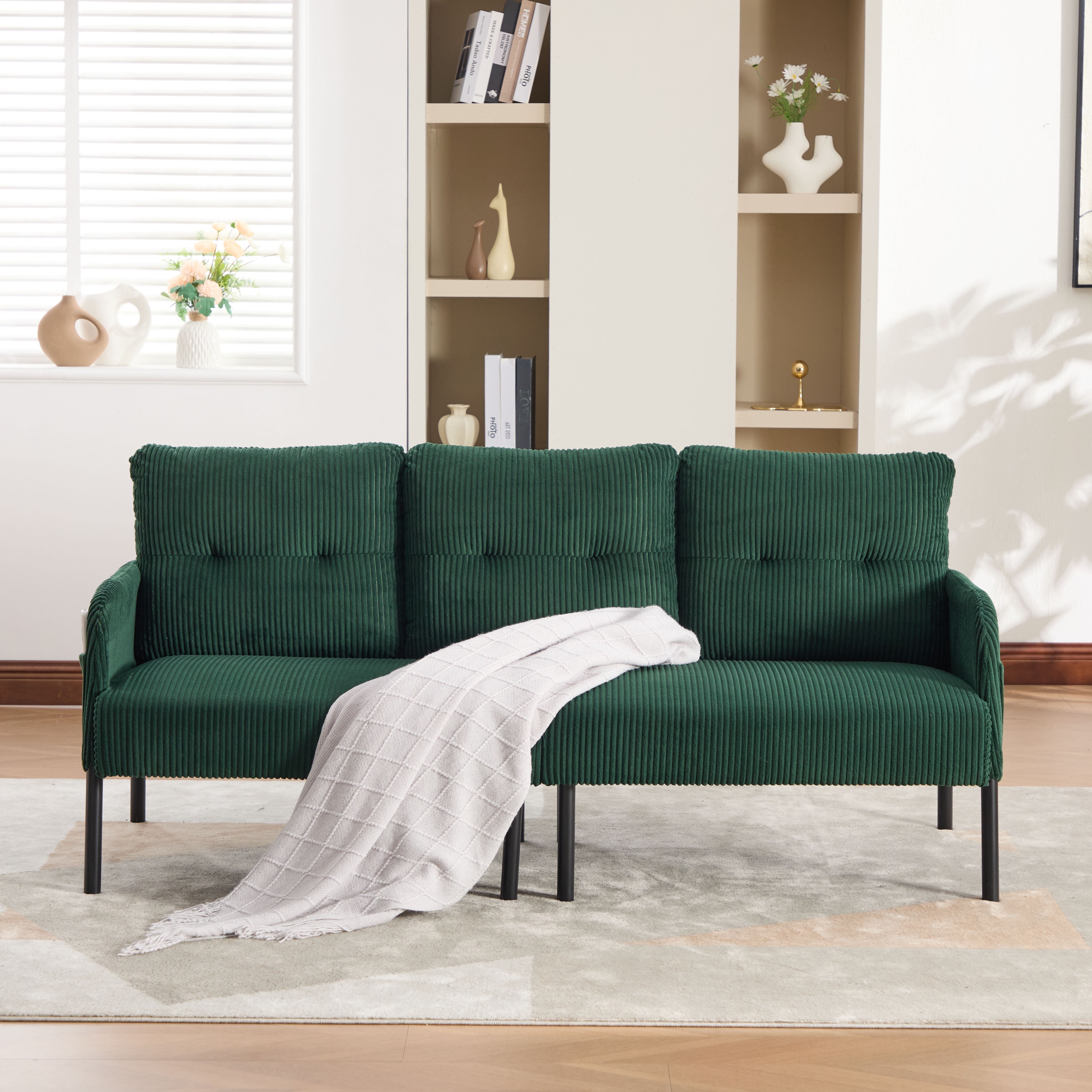 S-HOME Modern Plush Corduroy Upholstered Loveseat with Dual Side Pockets and Metal Legs, Sofa for Apartment, Emerald