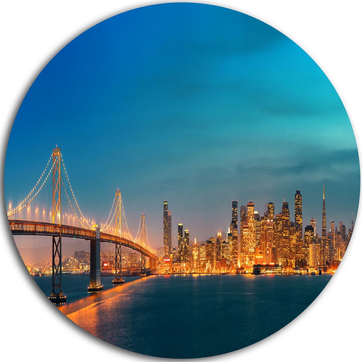 Design Art San Francisco Skyline at Night' Ultra Glossy Cityscape Metal Circle Wall Art