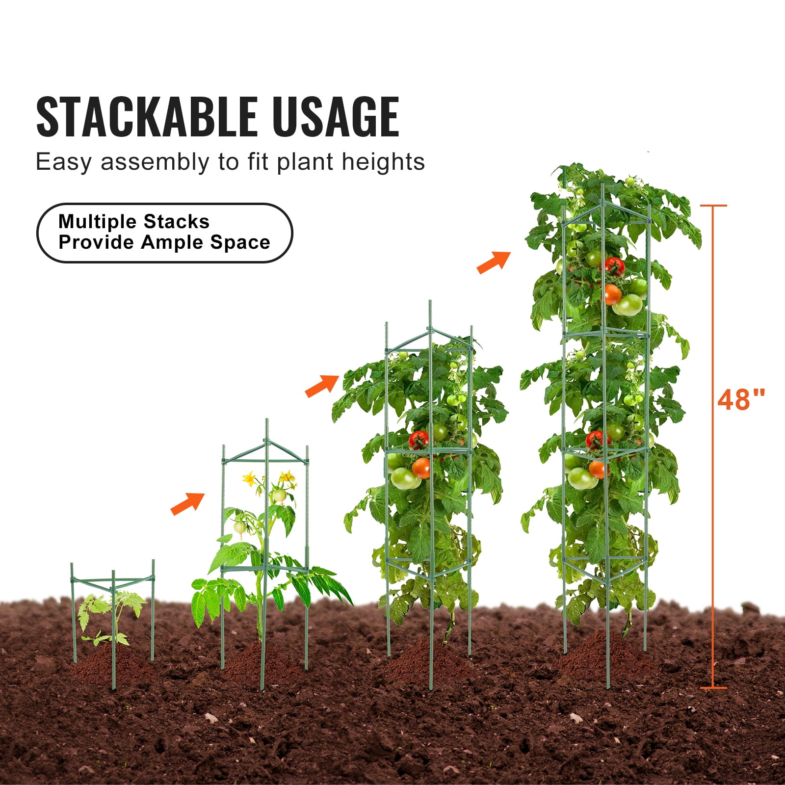 KFFKFF 6-Set Garden Tomato Supports, 48" Tall Trellis for Plants, Stackable Vegetable & Flower Climbing Stakes, Ideal for Raised Beds & Climbers