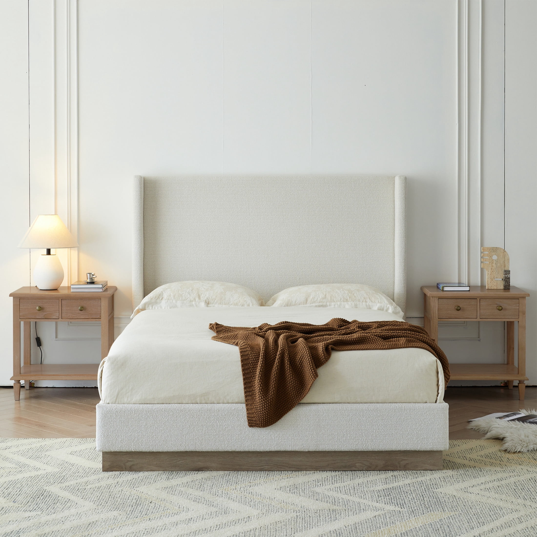 Noble House Hosford Full Boucle Upholstered Wingback Bed, Wood Base Platform Bed with Headboard, Cream White