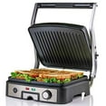 thumbnail image 1 of Ovente 6-Slice Multi-Purpose Electric Panini Grill with 3 Heat Settings, 1500-Watts, Non-Stick Coated Plates, 180° Hinge, Cool-Touch Handle, Drip Tray, Grill Brush, Nickel Brushed (GP1861BR), 1 of 6